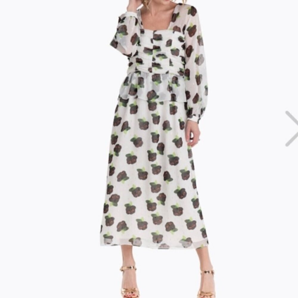 Buru Women's White Floral Ruched Long Lined Midi Dress XL